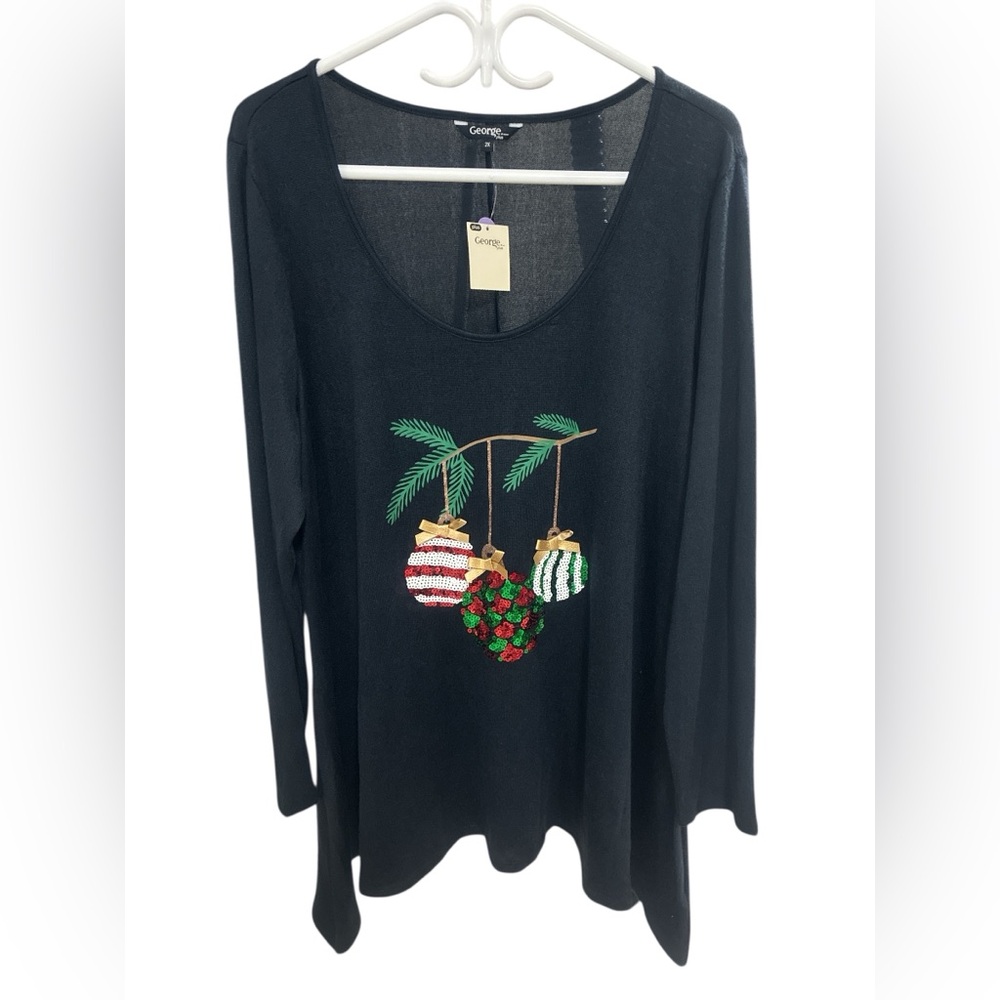 George Festive Black Long Sleeve Top with Ornament Design